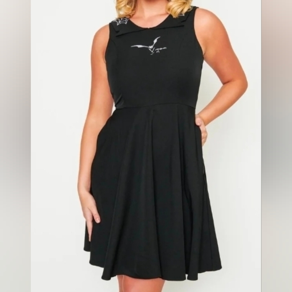 Unique Vintage Black Bat Embroidered Collar Flare Dress